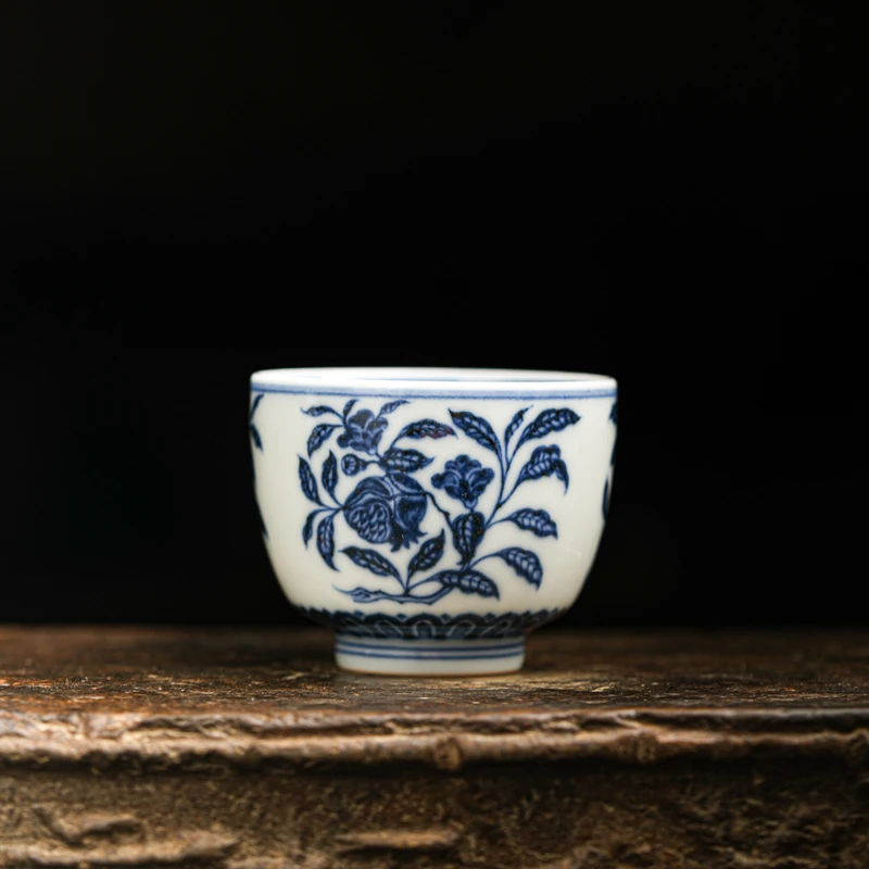 阮顺荣造 三花三果小品杯 鼎玉顺荣三多花卉杯青花茶具茶器复古