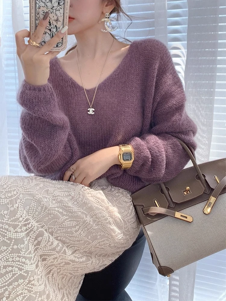 紫色马海毛v领套头内搭针织衫上衣2024秋冬慵懒风宽松气质毛衣女