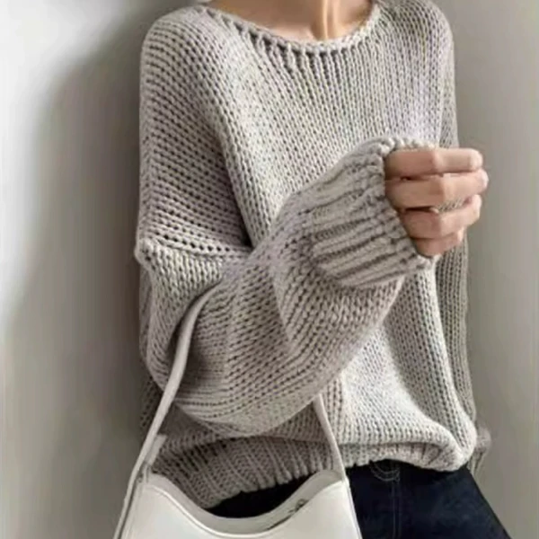 法式复古镂空宽松慵懒粗棒针长袖套头秋冬季灰色针织衫毛衣女上衣