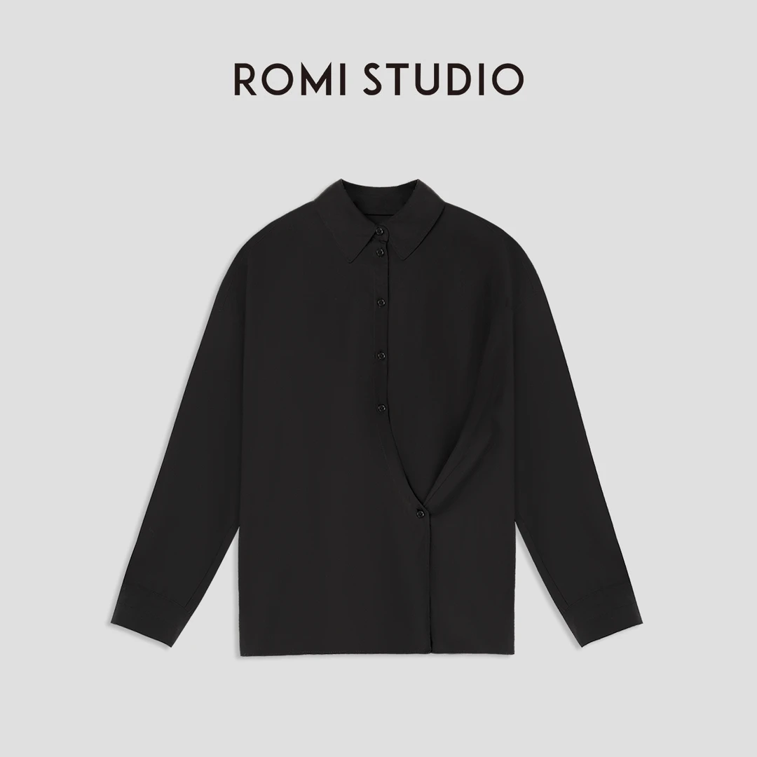 ROMI STUDIO“精致松弛感” 100%天丝抗皱垂感不规则黑色衬衣T3886
