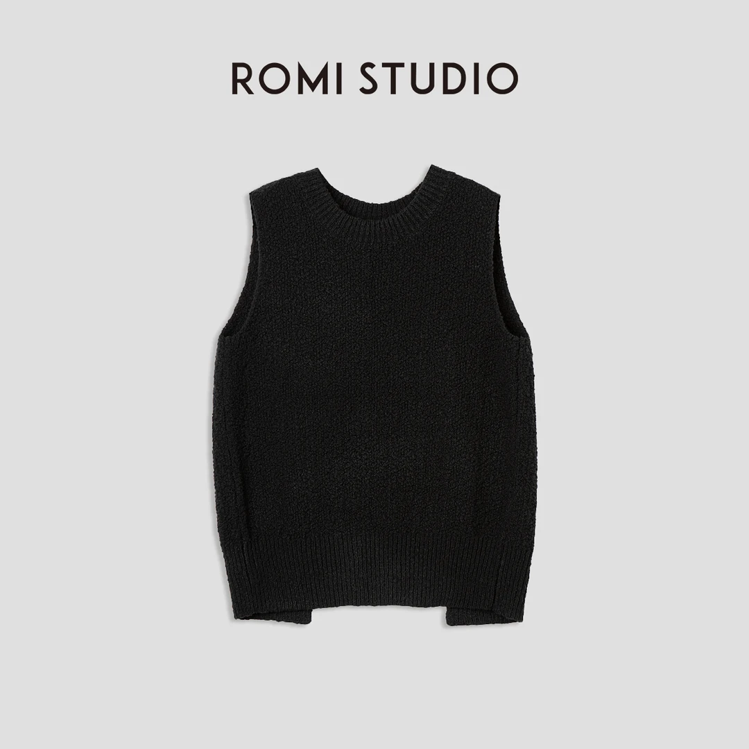 ROMI STUDIO"编织初夏"百搭耐看宽松立体后开叉黑色马甲背心M3730