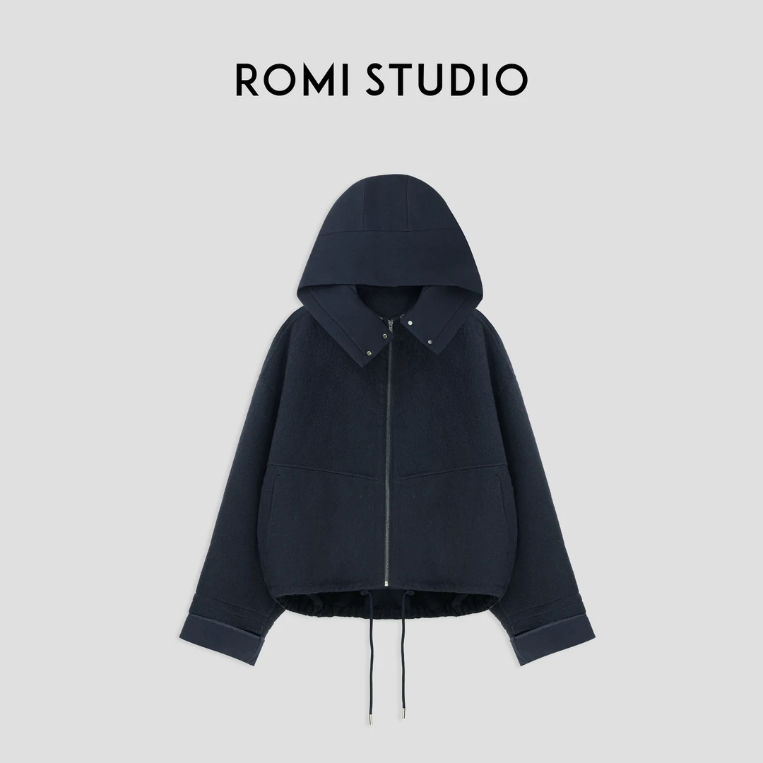 ROMI STUDIO100%绵羊毛连帽可拆卸茧型双面呢大衣短外套23AWW319