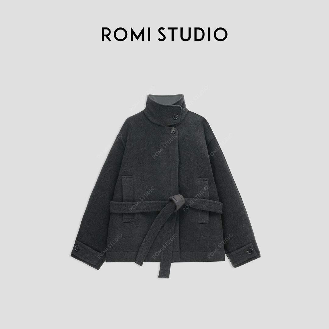 ROMI STUDIO“禅意侘寂”羊毛混纺系带廓形双面呢大衣外套23AWW1103
