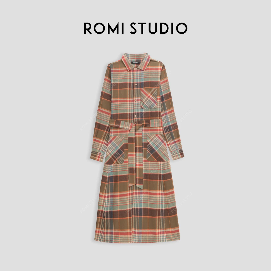 ROMI STUDIO“美式复古”100%棉磨毛配腰带格纹衬衫连衣裙23AWQ700