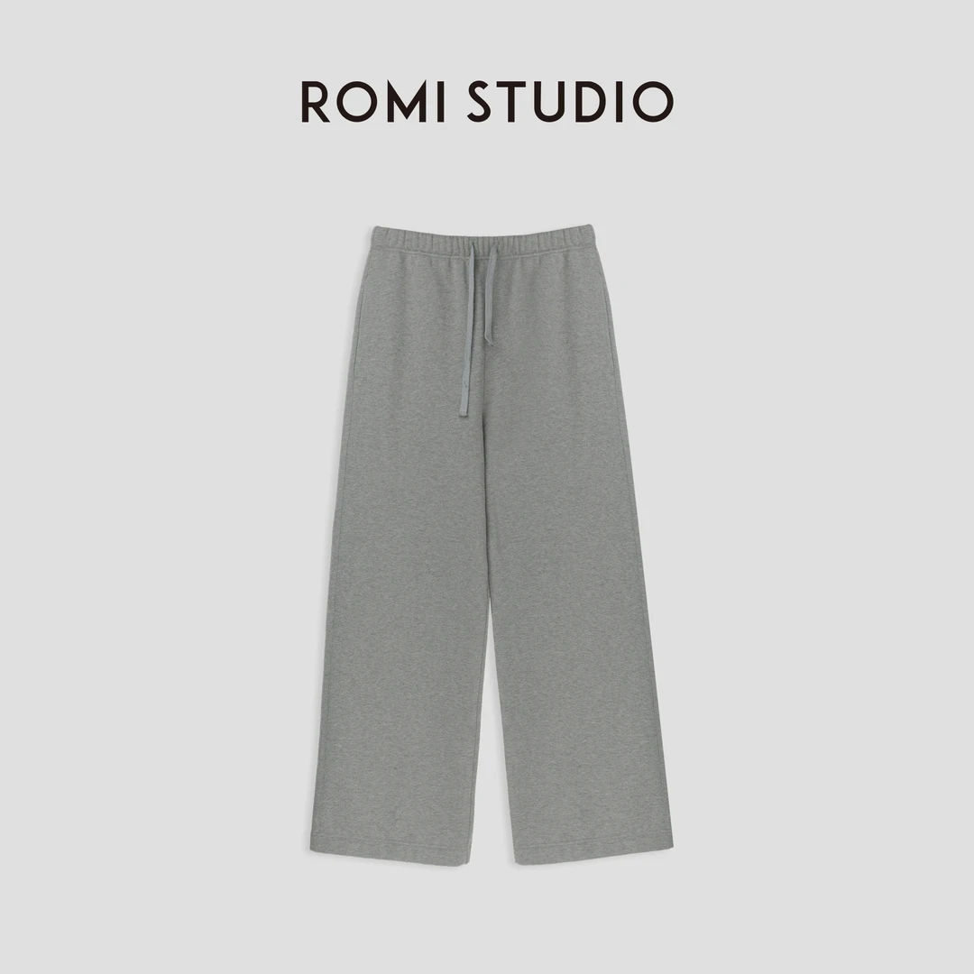 ROMI STUDIO"休闲精致感"简约松紧抽绳直筒加绒灰色卫裤23AWK045
