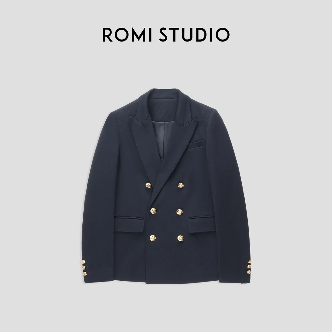 ROMI STUDIO精纺羊毛莫代尔棉混纺双排扣戗驳领西装外套23AWW826