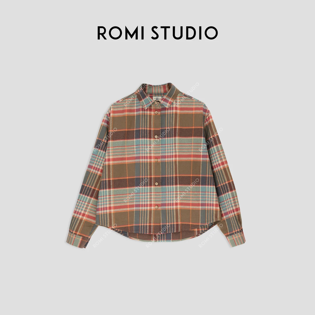 ROMI STUDIO"纽约美式"100%斜纹棉亲肤宽松拼色格纹衬衣23AWT1104