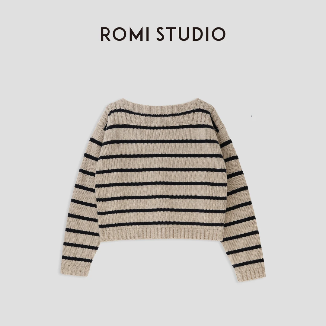 ROMI STUDIO“内外兼备” 羊绒羊毛混纺一字领宽松条纹毛衣23AWM283