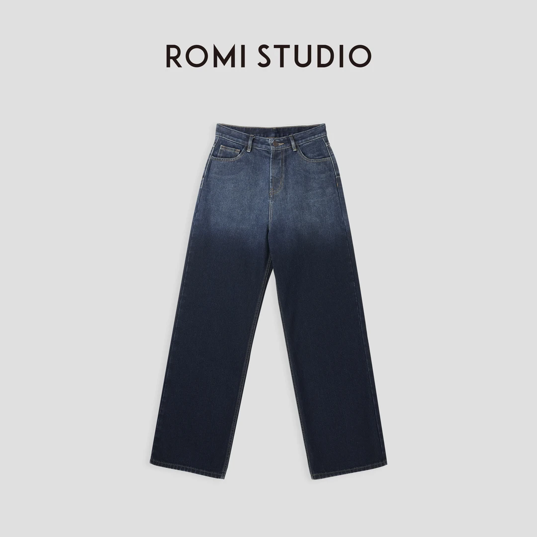 ROMI STUDIO“美式复古”100%棉高腰水洗做旧渐变蓝牛仔裤23AWN404