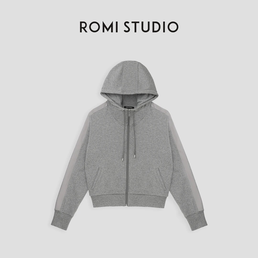 ROMI STUDIO“格雷系列”腔调穿搭运动连帽花灰色卫衣外套23AWW350
