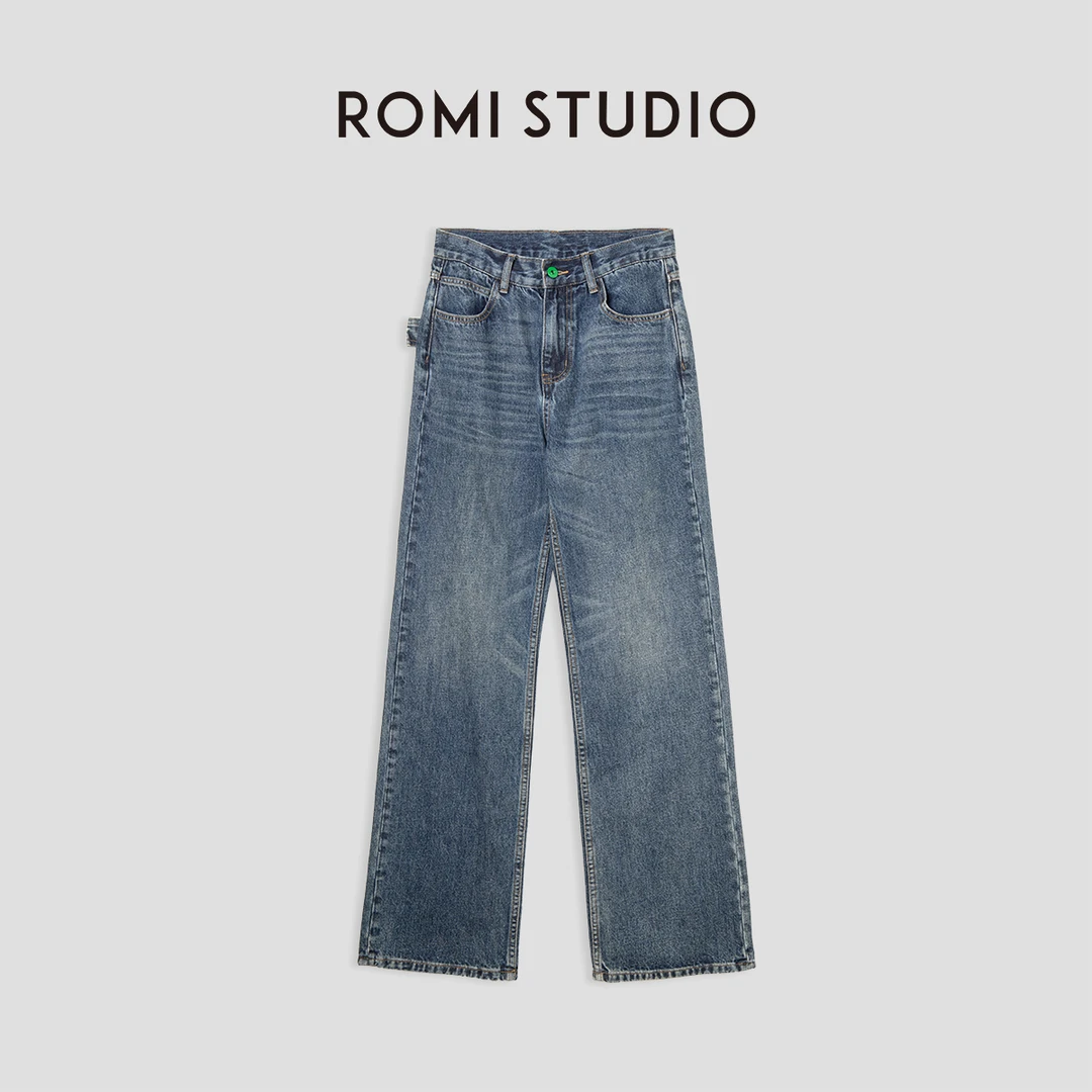 ROMI STUDIO"夏日旅行箱”系列高腰直筒水洗薄款绿扣牛仔裤 N2468