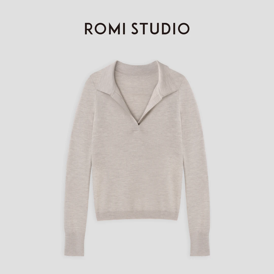 ROMI STUDIO“贵妇打底”100%美丽诺羊毛V领坑条打底针织衫23AWT261