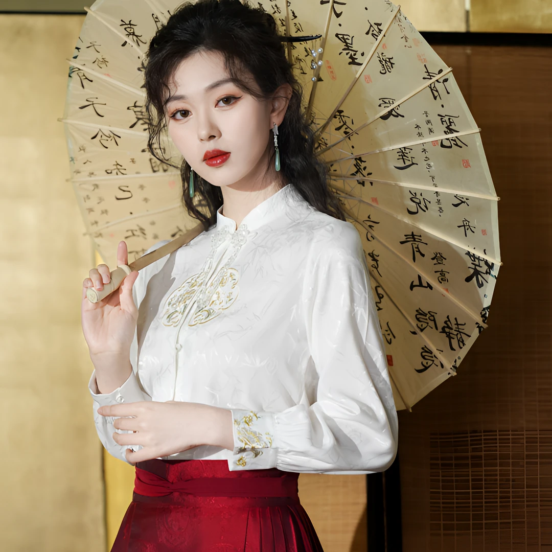 新中式轻国风刺绣立领明制改良汉服衬衫女搭配马面裙长袖提花上衣