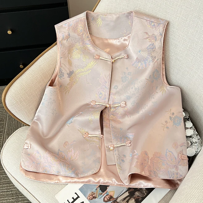 国风马甲女款唐装织锦马夹背心女外搭无袖新中式盘扣坎肩上衣春季