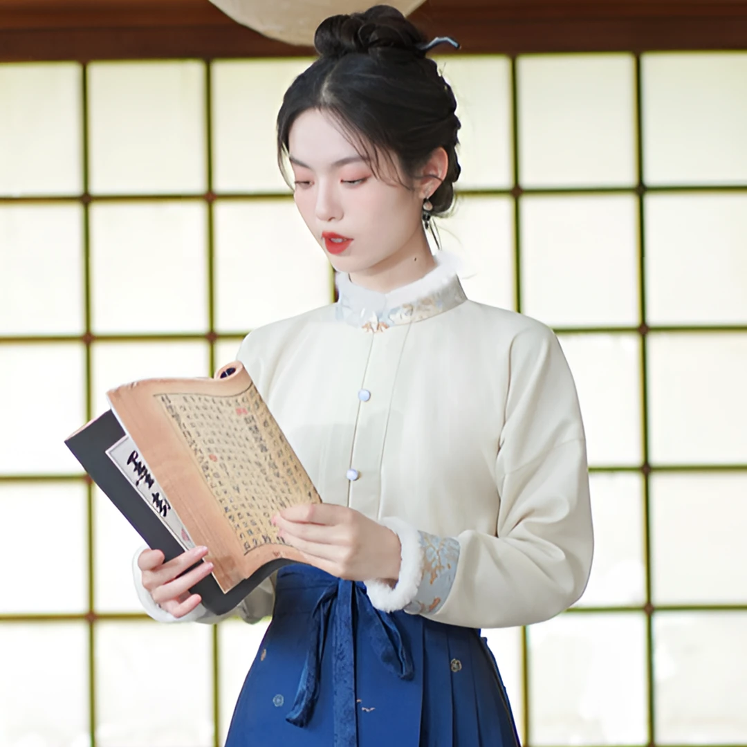 新中式内搭加绒国风刺绣衬衫女士白色打底马面裙上衣2025秋冬新款