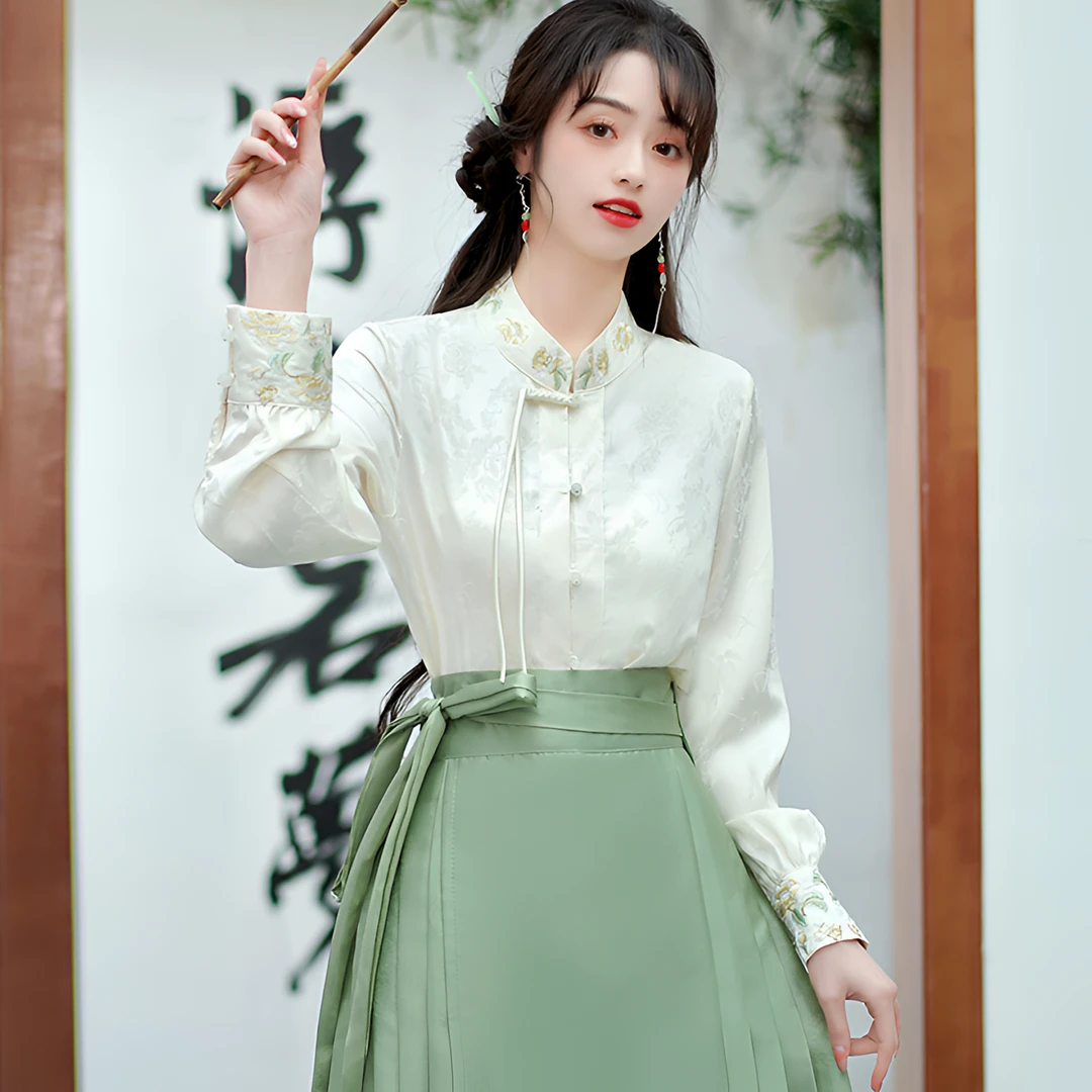 马面裙搭配的衬衣女国风复古对襟立领上衣新中式刺绣盘扣长袖衬衫