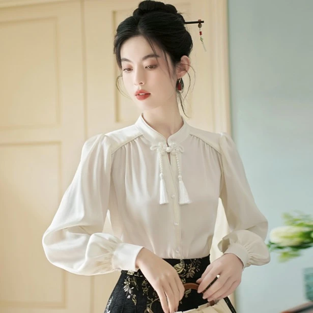 新中式国风禅意改良汉服长袖衬衫女白色气质马面裙上衣春秋季新款