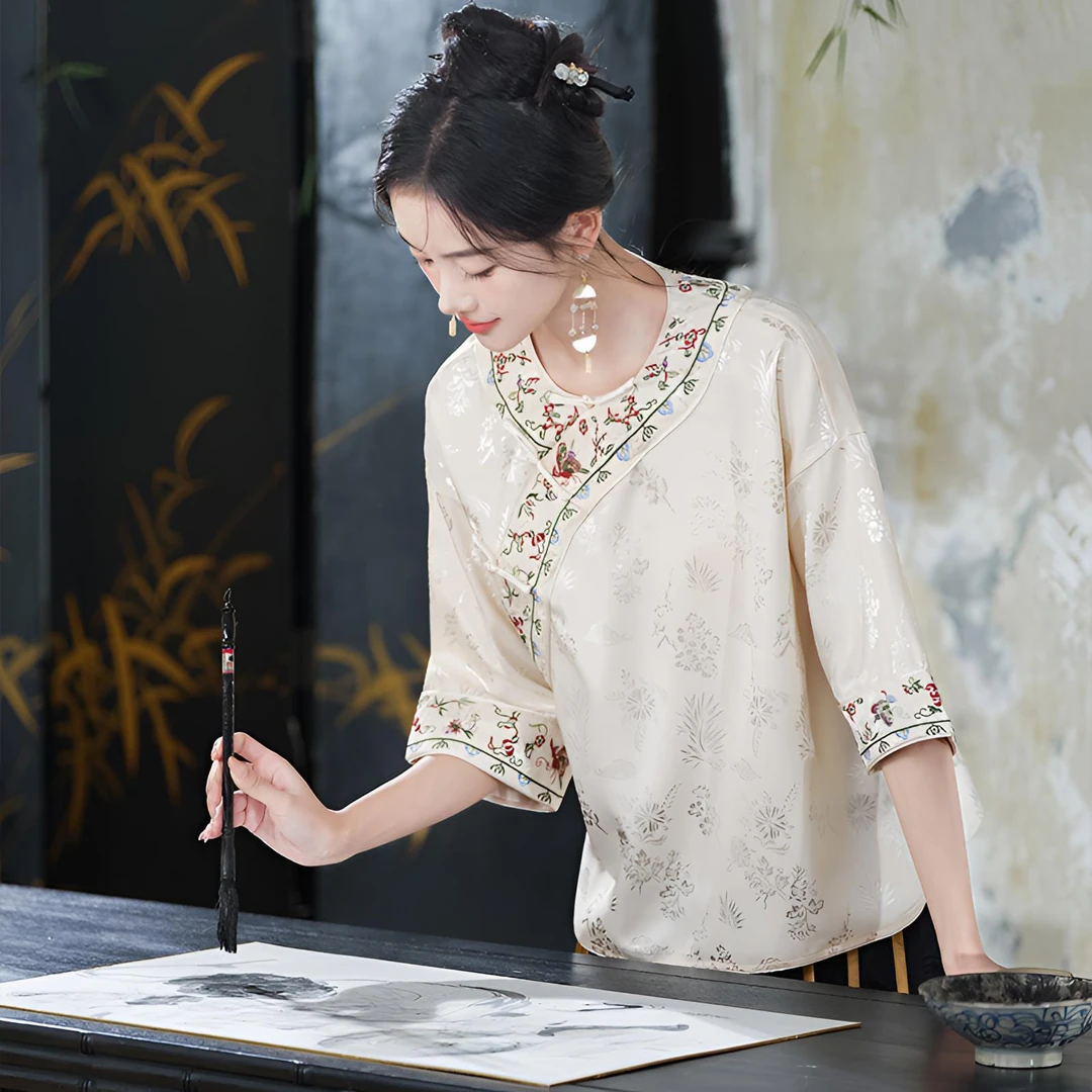 新中式重工刺绣圆领衬衫轻国风改良汉元素唐装半袖上衣女夏天小衫