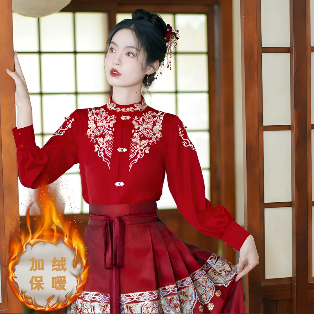 红色汉服马面裙上衣搭配秋冬加绒对襟立领衬衫重工刺绣国风小衫