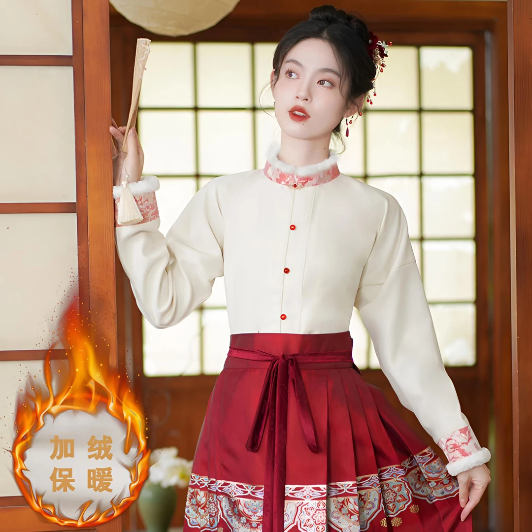 马面裙上衣秋冬加绒对襟立领衬衫女古风汉服国风打底新中式衬衣厚