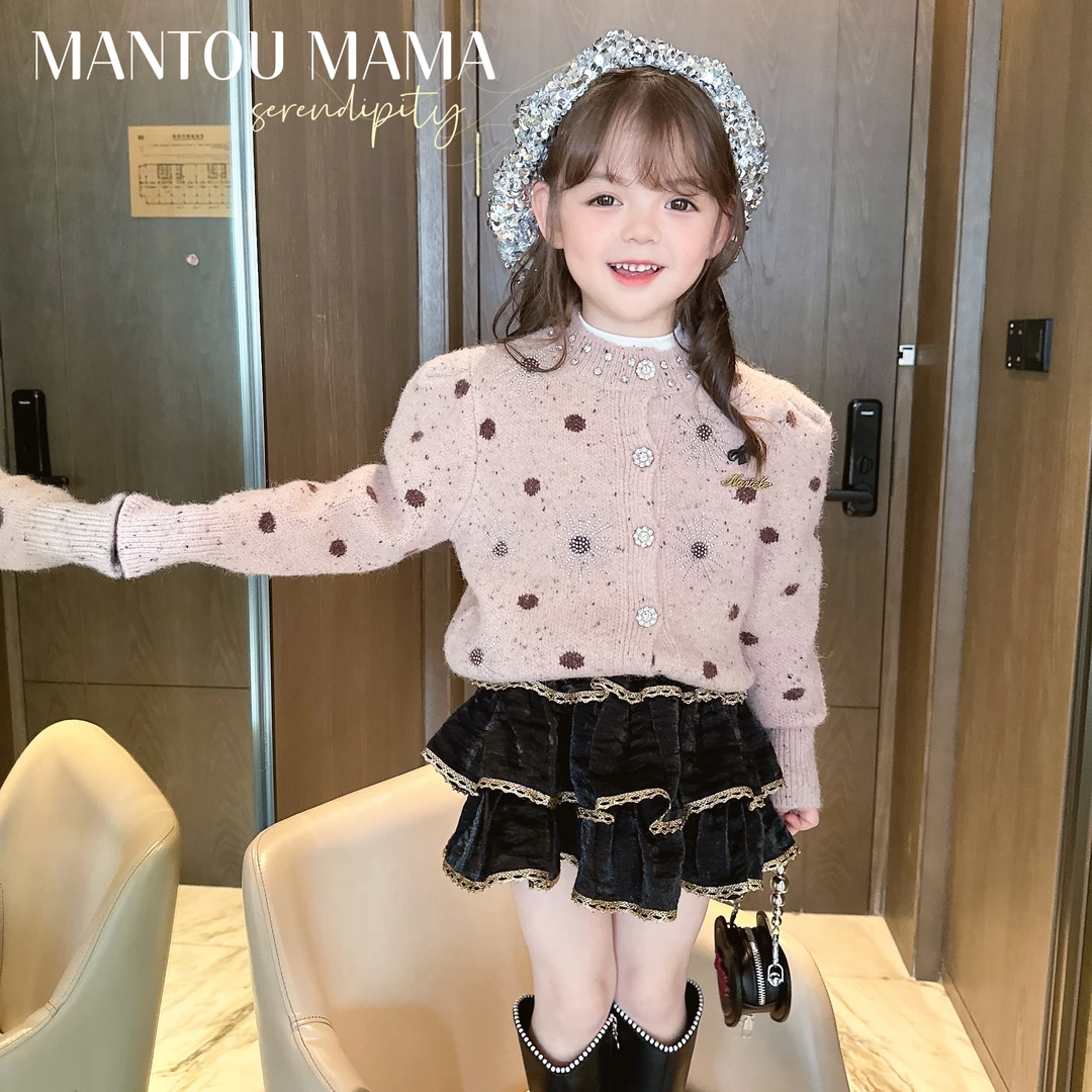 【Mt studio】【现货】双开门钉钻领波点毛衣开衫女童冬季高级感精致