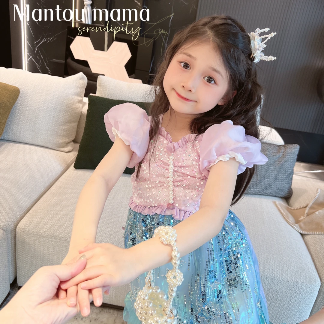 【Mt studio】【现货】人鱼花苞珠光亮片连衣裙拖尾蝴蝶结夏女童精致