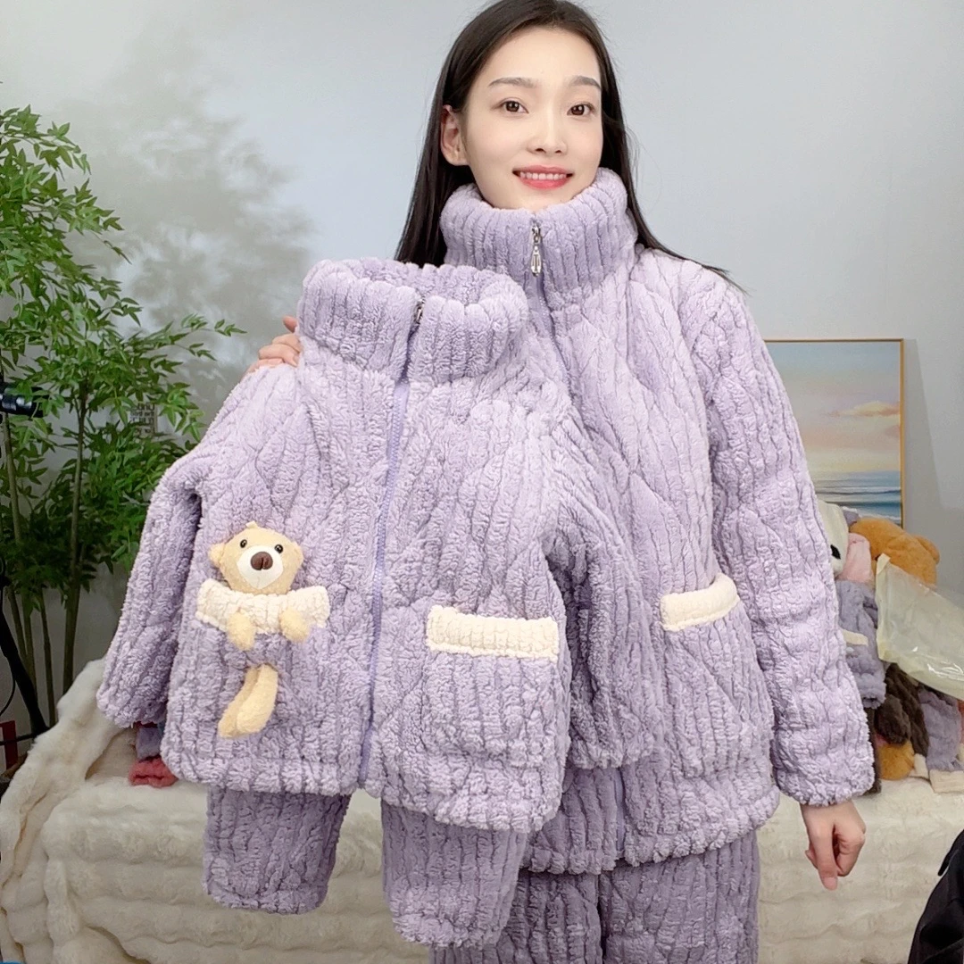 三层夹棉加厚加绒亲子儿童睡衣冬季女童宝宝家居服男孩保暖