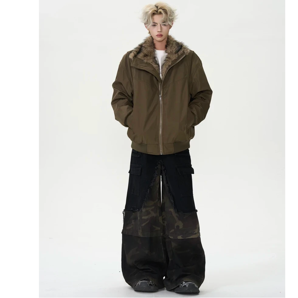 6折！美式复古夹棉毛领座山雕夹克棉服男女款冬季加厚短款工装外套