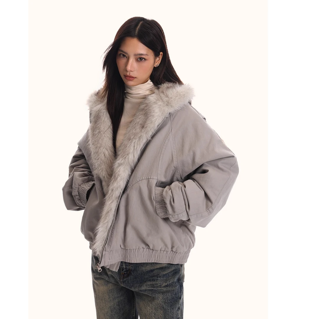 一件过冬季~仿狐狸毛座山雕夹棉加厚大毛领棉衣棉服男女情侣外套