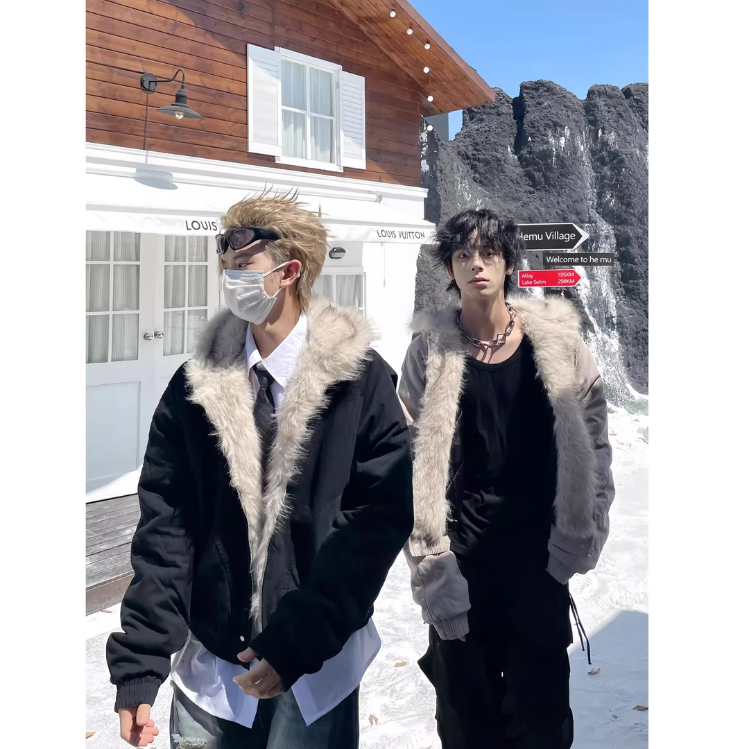 冬季仿狐狸毛设计感座山雕毛领连帽棉衣男女街头痞帅情侣短款外套