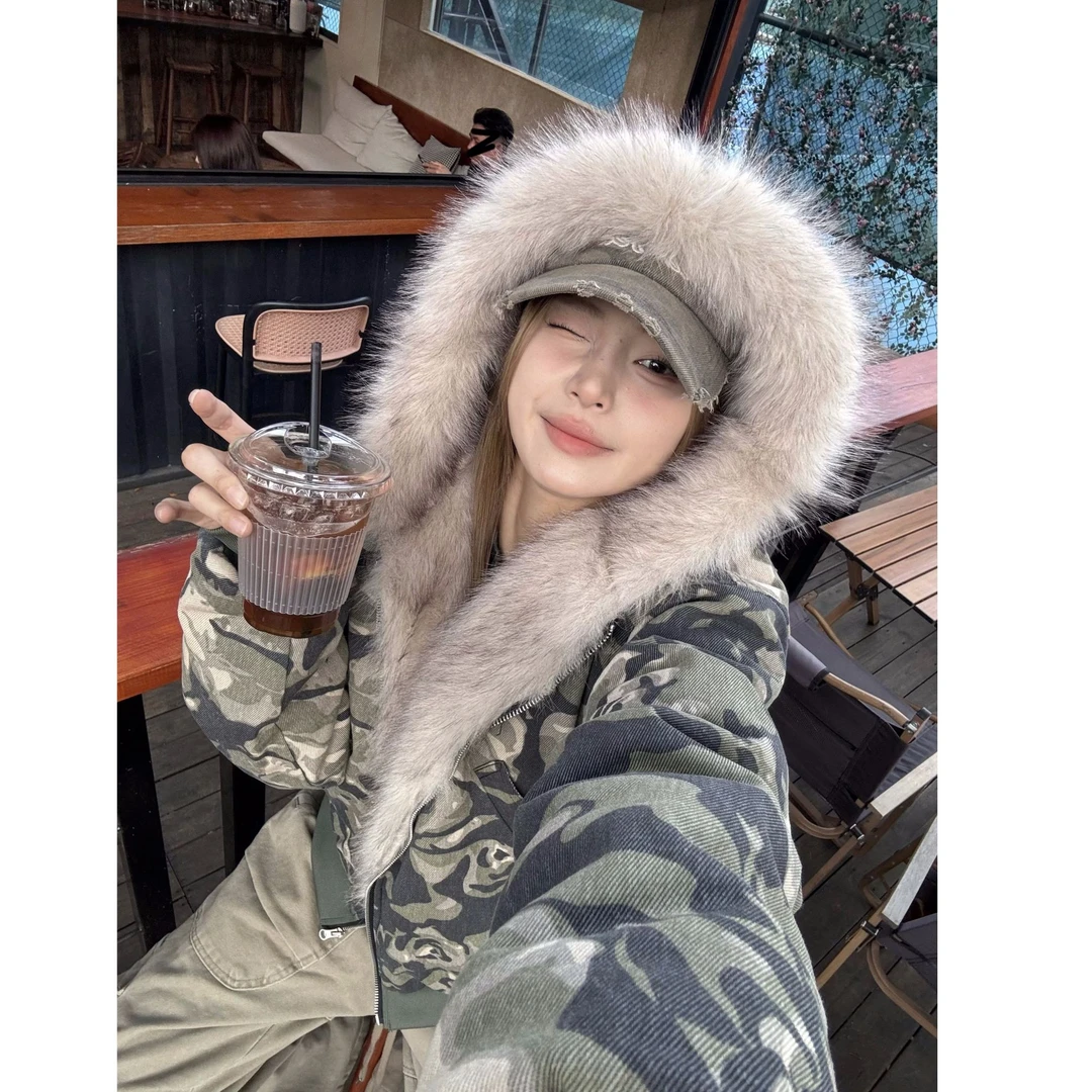 美式复古水洗宽松保暖加厚仿狐狸毛领迷彩棉服女秋冬季棉衣外套男