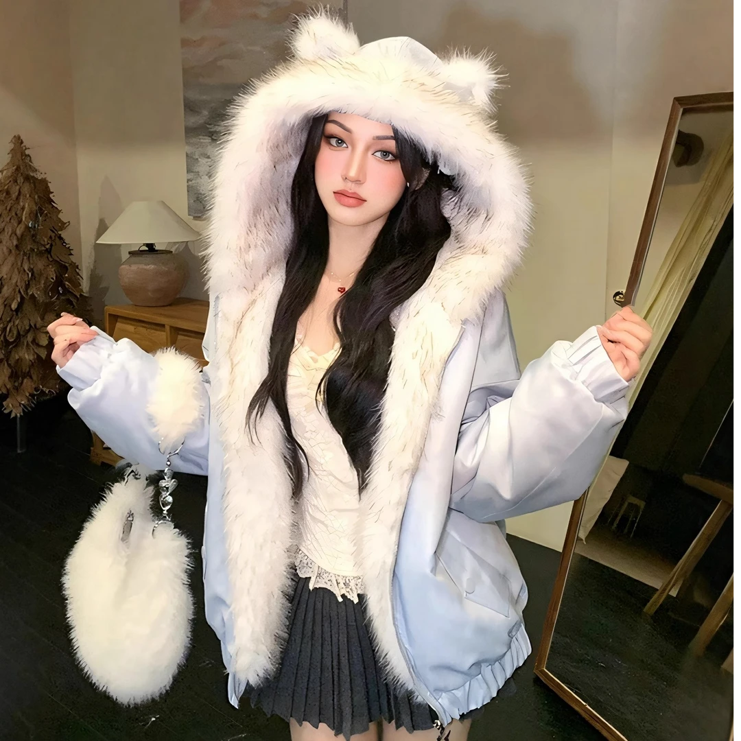 蓝色毛茸茸双面穿短款外套女冬季加绒加厚慵懒宽松拉链开衫上衣潮