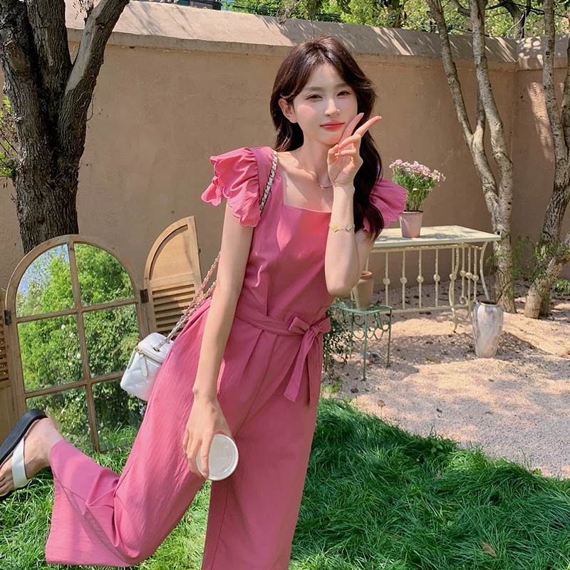 粉色荷叶边连体裤夏季女2024新款韩系减龄洋气温柔风高腰阔腿长裤