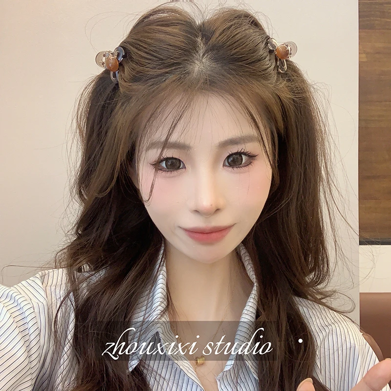 一对装！晕染咖色珠珠发夹女设计感蝴蝶结刘海发夹侧边小碎发夹子