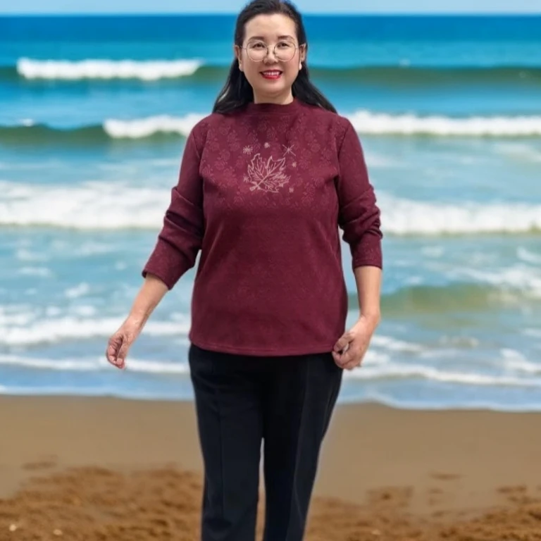 圆领提花棉打底衫妈妈装半高领220斤穿时尚百搭气质中老年小衫