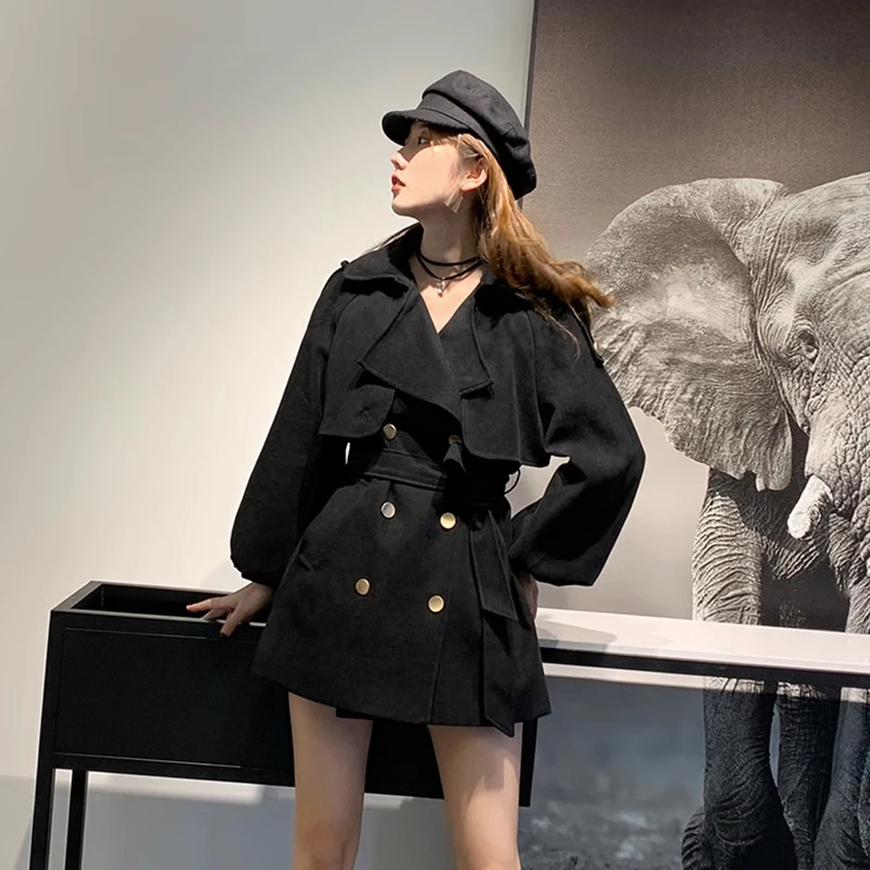 【工厂尾单】风衣西装领外套男女春秋款复古灯笼袖收腰显瘦大衣外套