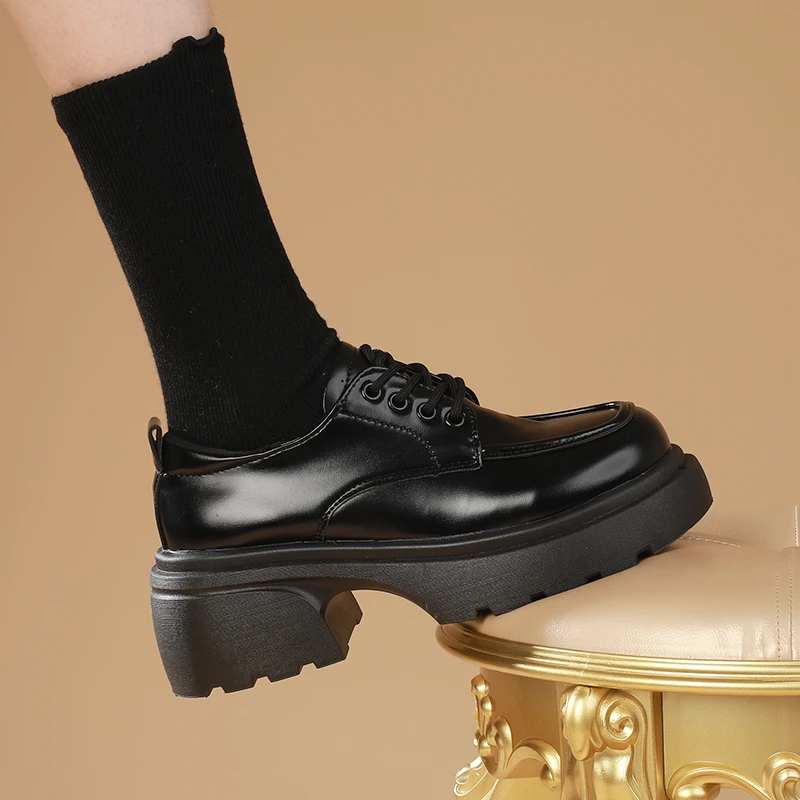 小皮鞋2024新款秋款女鞋厚底高跟英伦风黑色系带百搭乐福jk鞋子女