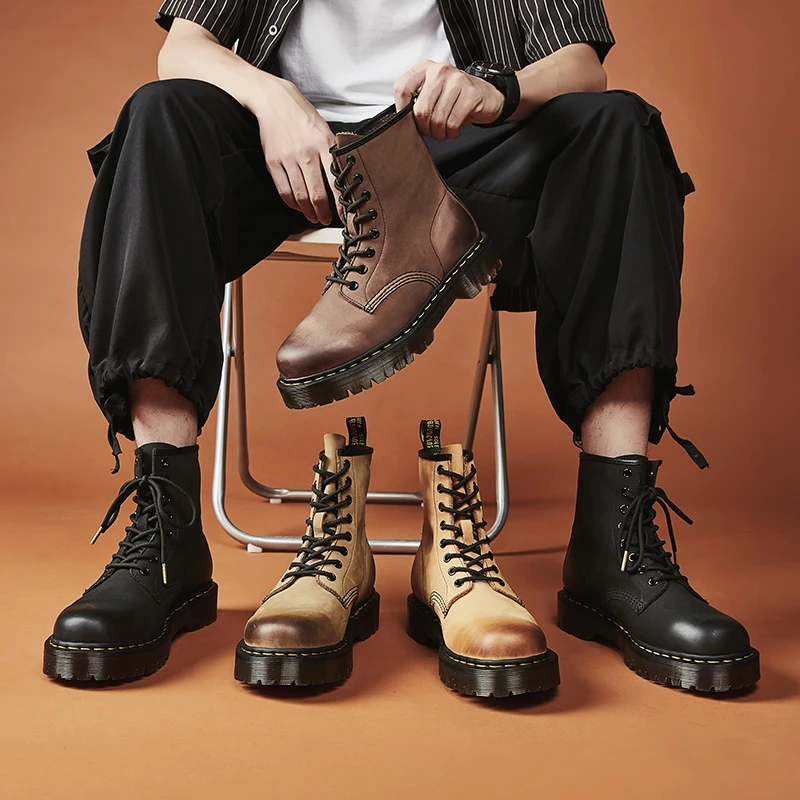 946新款情侣款头层磨砂牛皮时尚潮流中筒马丁靴百搭