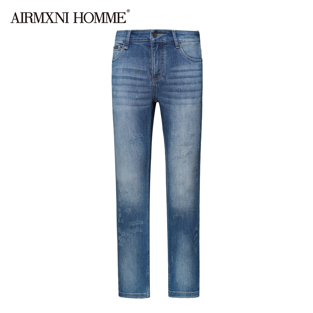 AIRMXNIHOMME四季款深蓝色吊磨高档水洗高档修身小直筒男士牛仔裤