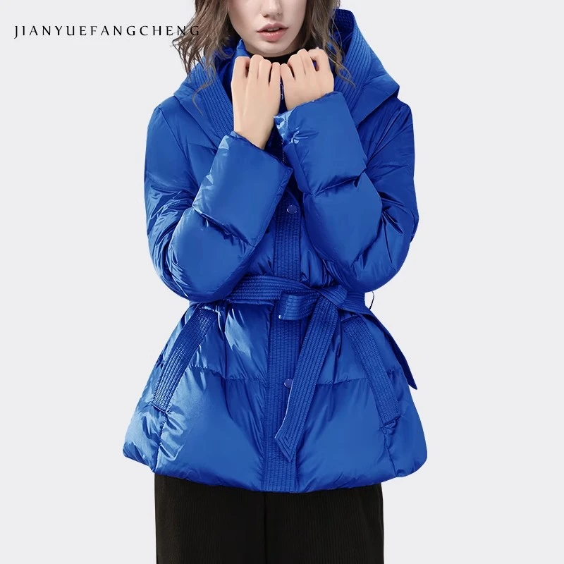 欧洲站秋冬蓝色羽绒服外套女宽松收腰洋派保暖羽绒衣显瘦WH231798