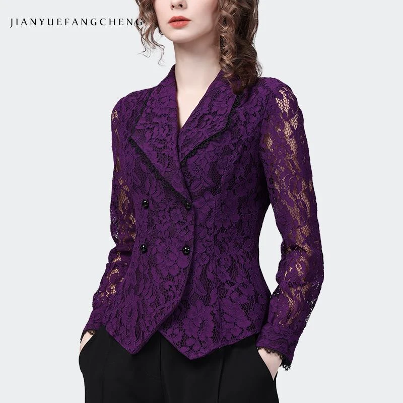 欧洲站春西装领设计感蕾丝衬衫上衣女收腰打底衫衬衣SL22869