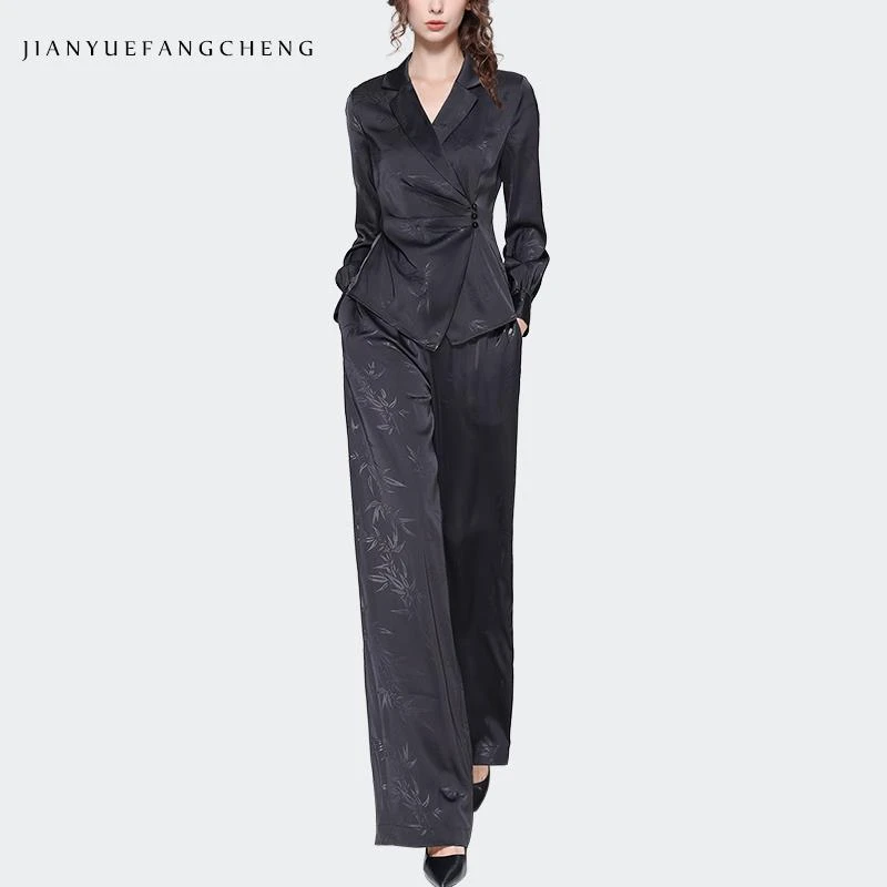 欧洲站2024秋装两件套西装领衬衫外套高腰阔腿裤直筒裤装TG231023