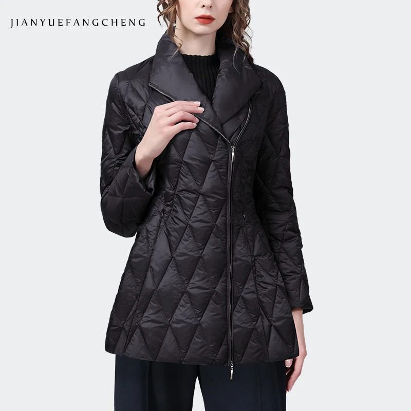 欧洲站秋冬黑色夹克羽绒服外套女中长版收腰显瘦白鸭绒WH231819