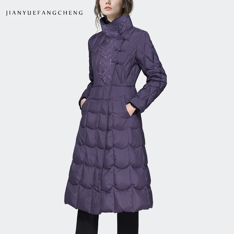 欧洲站秋冬重工刺绣立领羽绒服外套女中长款白鸭绒过膝WH232075