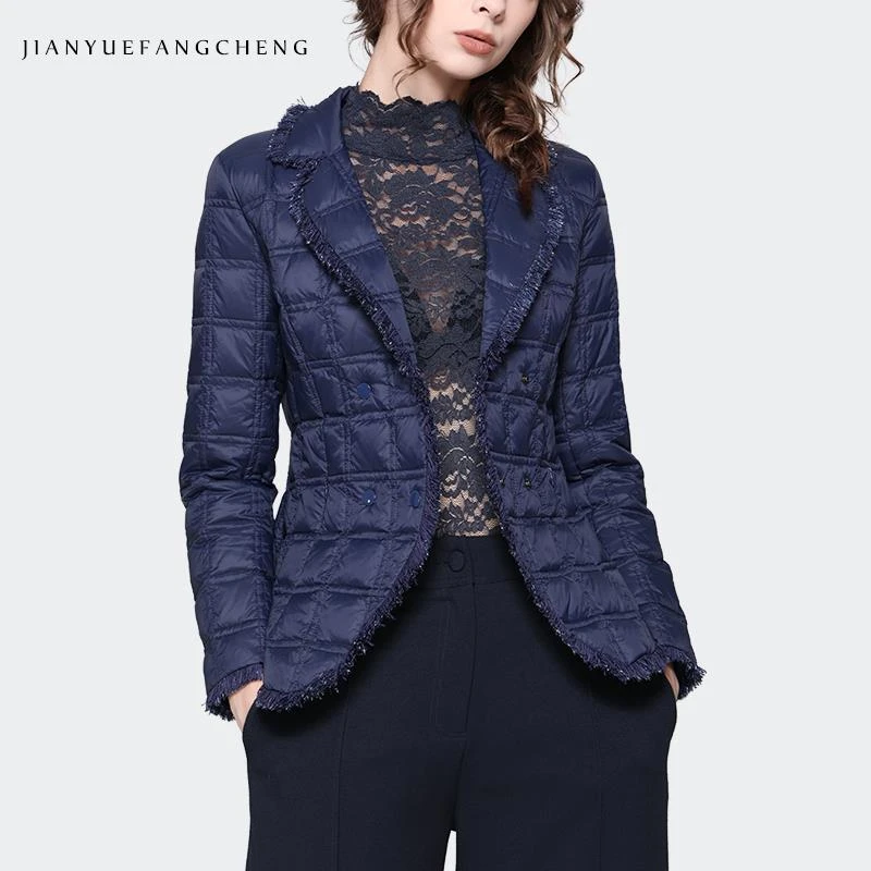 欧洲站2024秋冬流苏边西装领保暖羽绒服外套女短款轻薄WG230919