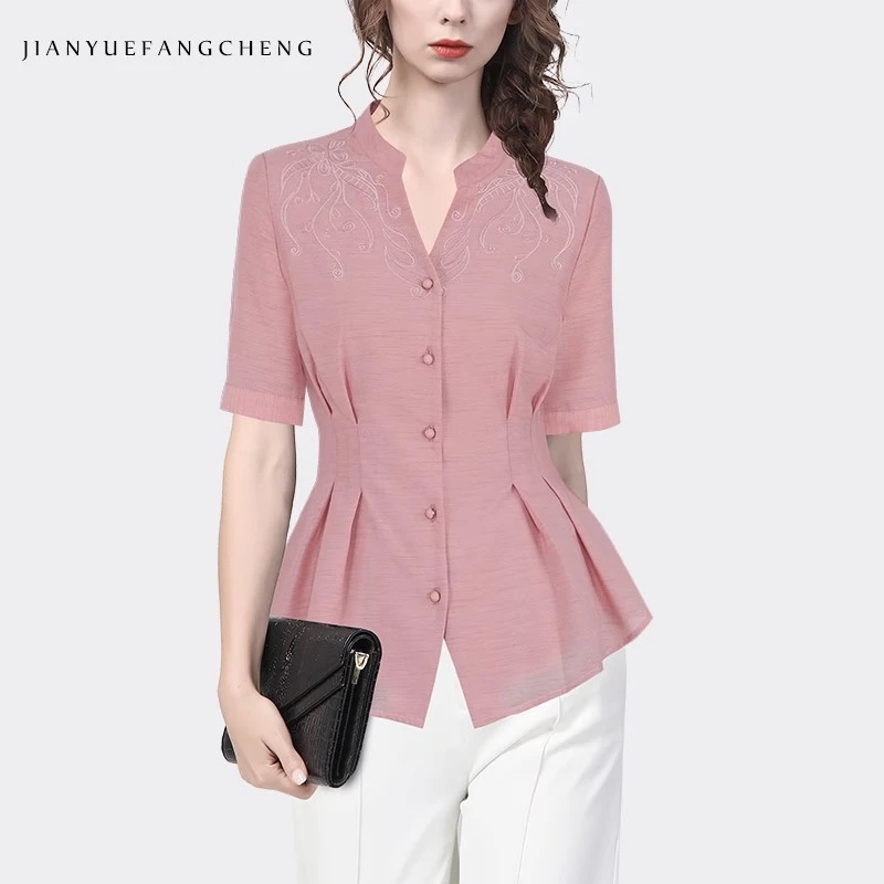 欧洲站2024夏季刺绣粉色天丝雪纺衫显瘦女短袖打底衫衬衣SE243223