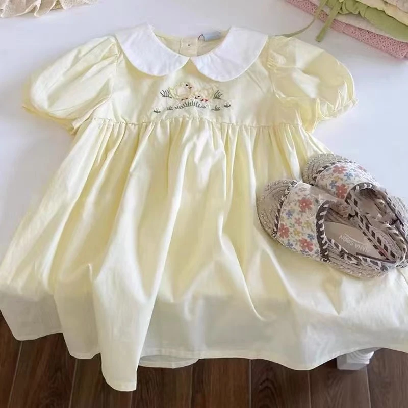 童装女童连衣裙夏季新款儿童可爱娃娃裙宝宝刺绣泡泡袖娃娃领裙子