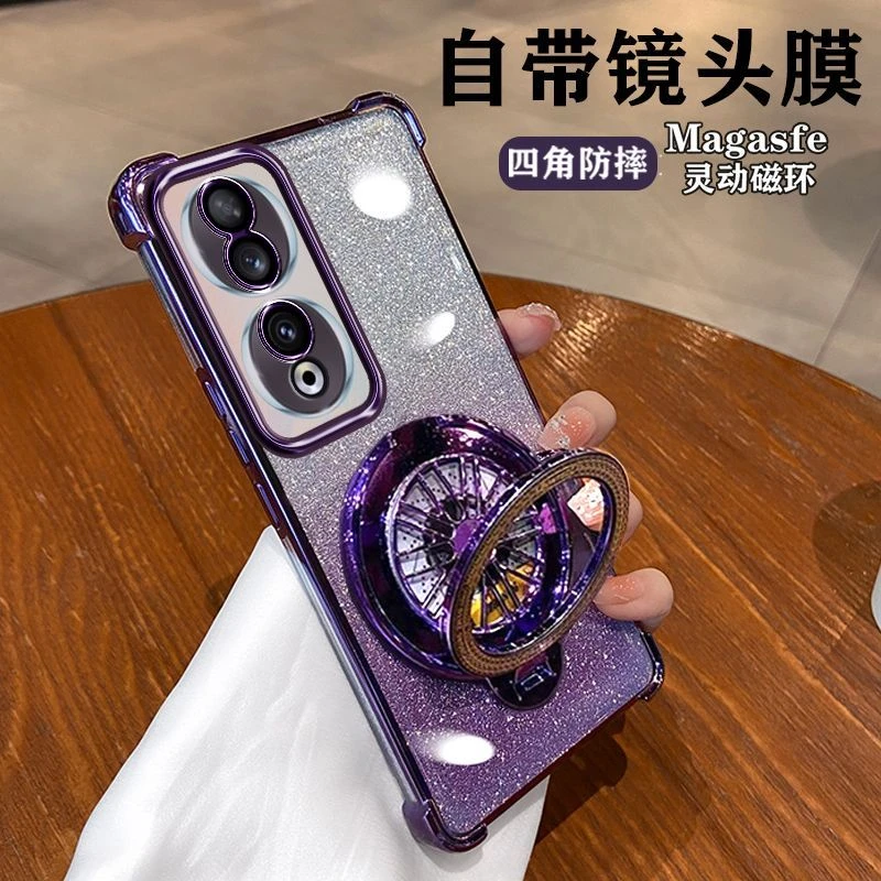 适用荣耀90手机壳Honor90pro陀螺支架透明保护硅胶套四角气囊防摔