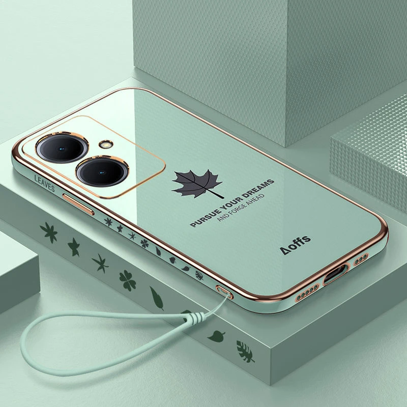 适用vivoy78+手机壳y78+直边硅胶套V2271A全包电镀软壳枫叶简约男