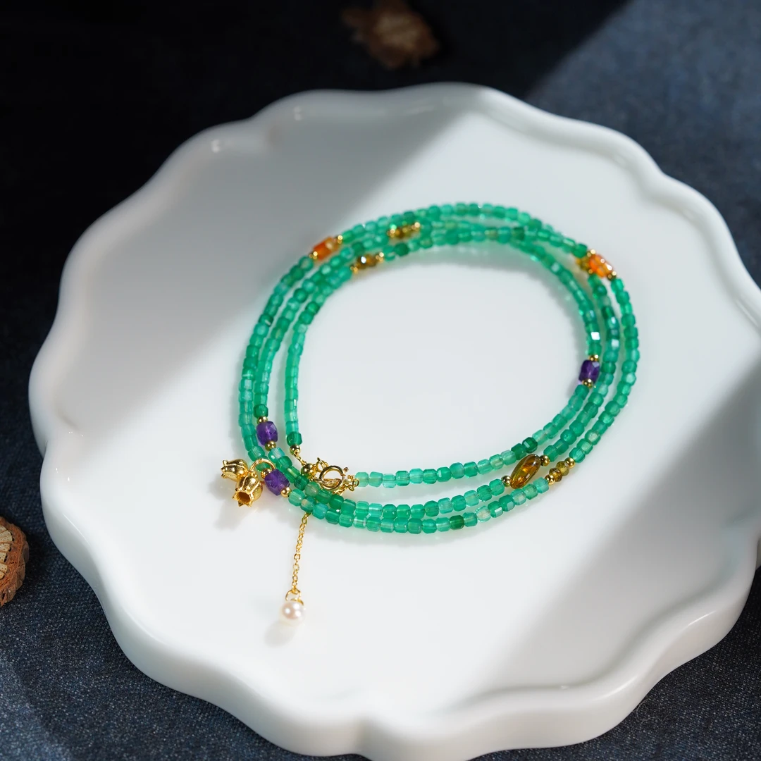 【左边婷姐】天然绿玛瑙切面小米珠S925银配饰时尚百搭项链（C751）